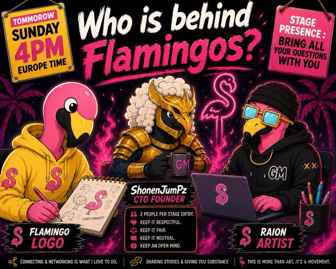 A vibrant promotional graphic titled 'Who is behind Flamingos?' announcing a stage presence event tomorrow Sunday 4PM Europe Time, featuring three flamingo characters (Flamingo Logo, ShonenJumpz CTO Founder, and Raion Artist) with networking and event guidelines.