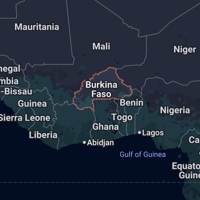 A map of West Africa with Burkina Faso highlighted in orange, surrounded by neighboring countries including Mali, Niger, Benin, Togo, Ghana, Côte d'Ivoire, Guinea, Sierra Leone, Liberia, and Mauritania, with the Gulf of Guinea labeled below. The image appears unrelated to the post's claims about a Pumpfun-supported token being abandoned, as it shows only geographic information with no connection to cryptocurrency or token discussions.