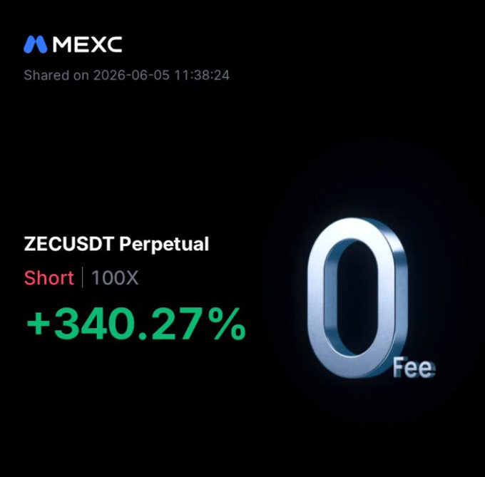 In the image, there is an infographic with a silver zero symbol positioned centrally against a black background. Above the zero, there is text that reads "ZECUSDT Perpetual Short 100X +340.27%". Below the zero, another line of text reveals that users are expected to receive $Fee as their reward for investing in ZECUSDT.