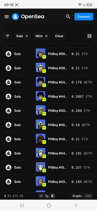 An OpenSea mobile app screenshot showing a list of 'PitBoy' NFT listings for sale, priced between 0.179 WETH and 0.289 ETH, with an account value of $1,875.66.