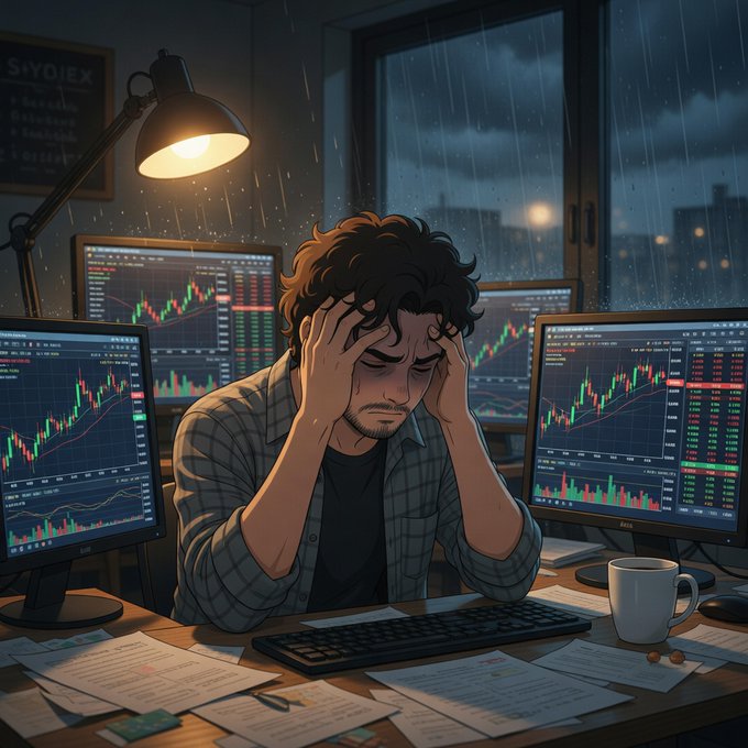 The image features a man sitting at a desk with multiple computer monitors, looking stressed or overwhelmed. The man appears to be working in an office setting, surrounded by various screens displaying stock market data. There are also two keyboards visible on the desk. A cup is placed nearby, and a book can be seen as well. The post about the crypto network seems to be discussing the challenges faced by the cryptocurrency community or highlighting issues within the industry.