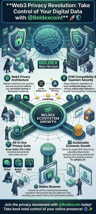 A promotional infographic for Beldexcoin (@Beldexcoin) titled 'Web3 Privacy Revolution: Take Control of Your Digital Data,' highlighting features like Web3 Privacy Architecture, EVM Compatibility, All-in-One Privacy Suite, and Sustainable Economic Growth.