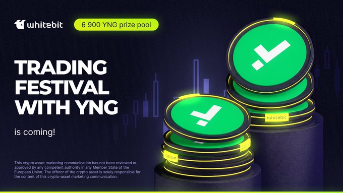 A WhiteBit promotional banner announcing the "Trading Festival with YNG" featuring a 6,900 YNG prize pool, visually represented by stacked green YNG tokens against a dark blue background with candlestick chart graphics, matching the upcoming multi-stage trading competition announcement.