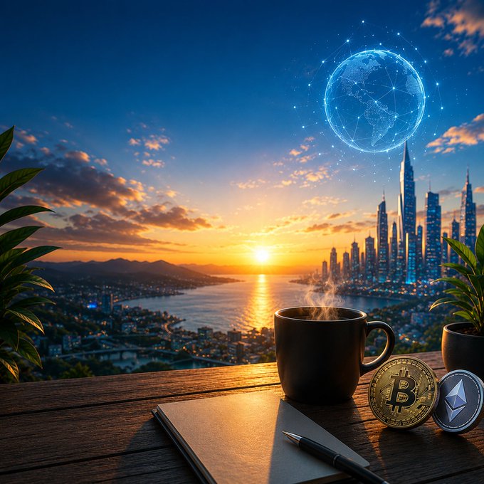 The image shows a wooden table with various objects placed on top of it. There are two cups - one containing coffee and another containing an ether coin, possibly Bitcoin. A notebook or journal can also be seen on the table. The scene takes place in front of a city skyline at sunset, creating a serene atmosphere. The objects on the table seem to represent different aspects of life, such as work, leisure, and personal interests. The presence of these items suggests that someone might have been working on their projects or simply enjoying some downtime while contemplating the world around them.