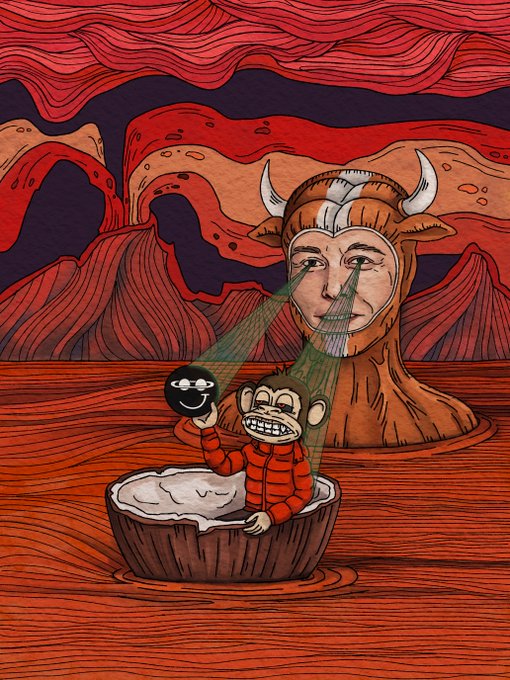 A surreal illustration depicting a crying bull-headed figure with green tears emanating from its eyes, while a grinning monkey in a wooden tub holds up a smiling black ball.