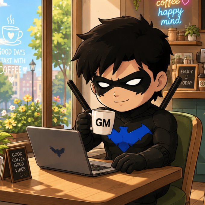 An anime-style illustration of a chibi Batman character wearing a mask and suit, holding a 'GM' coffee mug while working on a laptop in a cozy cafe setting.