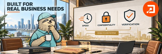 An illustrated banner for BNB featuring a bear mascot in a teal shirt holding a mug, with text 'BUILT FOR REAL BUSINESS NEEDS' and icons for SPEED, CONFIDENTIALITY, and VERIFICATION.