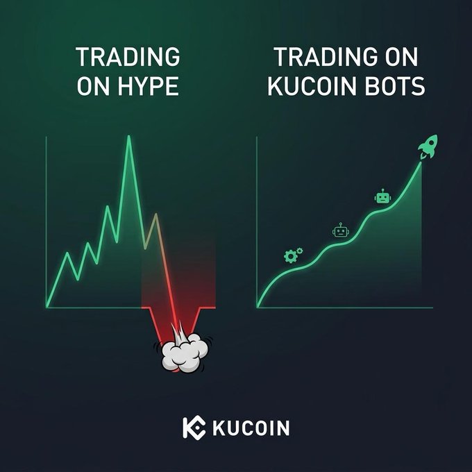 The graphic contrasts "TRADING ON HYPE" — depicted as a volatile green chart that sharply crashes into a red explosion — with "TRADING ON KUCOIN BOTS," shown as a steadily ascending green line featuring robot icons and a rocket. Branded with the KuCoin logo, the image visually reinforces the caption's message that hype-driven trading is chaotic, whereas KuCoin's trading bots offer a controlled, upward trajectory.
