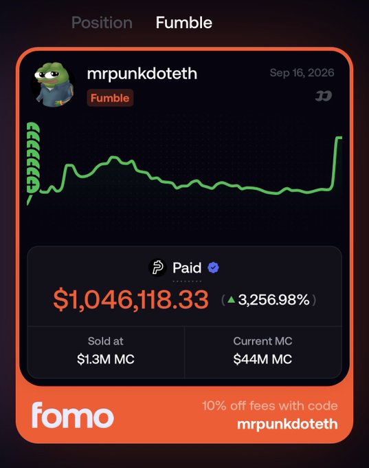 The image shows a Fomo trading card for the user "mrpunkdoteth" highlighting a "Fumble" — a token called $Paid that was sold at $1.3M MC and is now worth $1,046,118.33 (up 3,256.98%) with a current MC of $44M, illustrating the painful realization that an early sell on a now-massively successful token turned into a seven-figure regret.