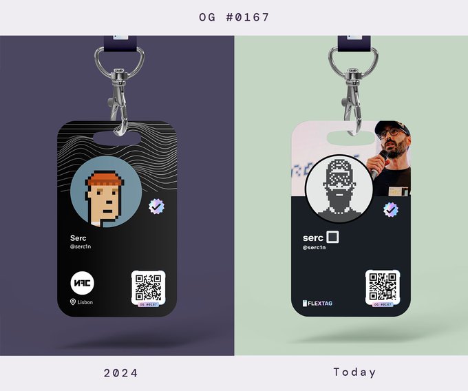 Side-by-side comparison labeled '2024' and 'Today' showing the evolution of an NFT profile badge labeled 'OG #0167' for 'serc @serc1n'.