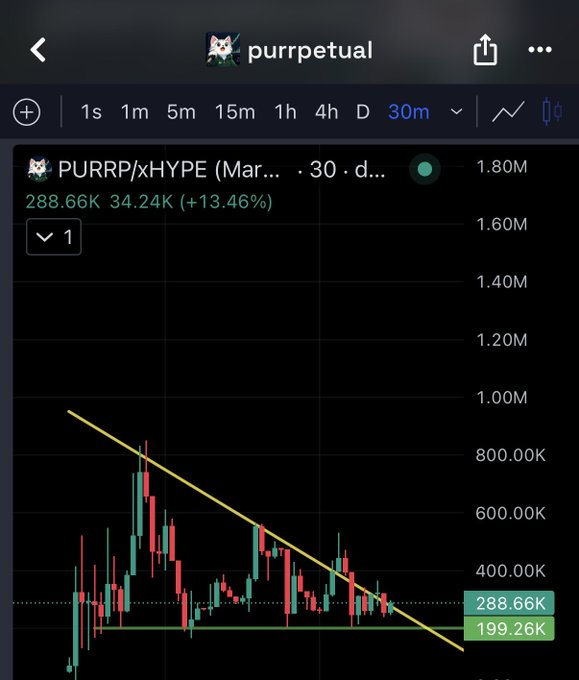 A 30-minute candlestick chart of the PURRP/xHYPE token showing price of 288.66K (+13.46%), with a yellow downward trendline drawn across the chart and support marked at 199.26K.