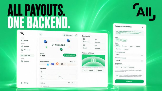 An advertisement for 'All' featuring the headline 'ALL PAYOUTS. ONE BACKEND.' and showing screenshots of their dashboard interface for managing payment platforms like USDT, USDC, ETH, and BNB.