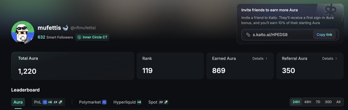 A user profile dashboard for 'mufettis' (@mfmufettisi) showing 632 Smart Followers, a Total Aura of 1,220, Rank 119, and an invitation link to earn Aura bonuses on Kaito.