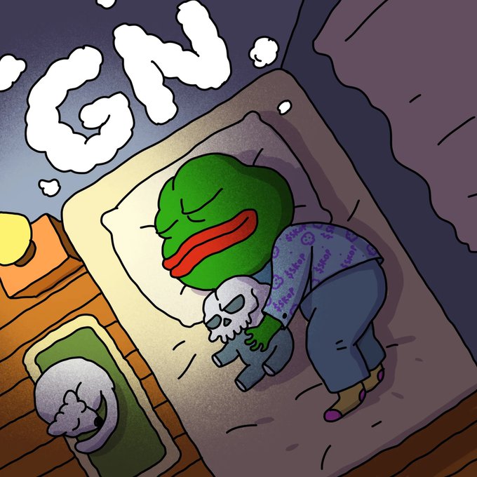 A cartoon illustration of the green Pepe the Frog character sleeping in bed hugging a small white skull toy, with 'GN.' (good night) text in the upper left corner.
