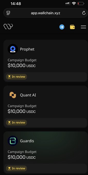 The image shows a cell phone screen displaying three different campaign budgets for a new app called Wallchain Select. The first budget is $10,000 USDC, the second one is $1,000 USDC, and the third one is $500 USDC. The app is designed to help users manage their campaigns efficiently by providing them with various budget options.