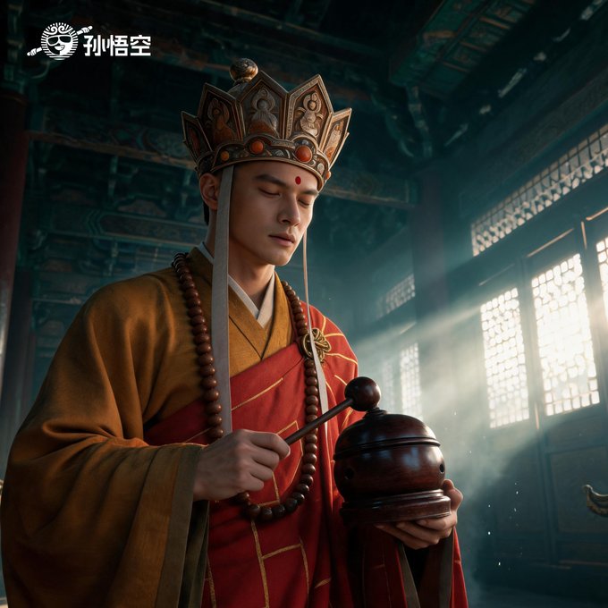 A serene monk wearing an ornate crown and prayer beads meditates peacefully in a sunlit temple, holding ritual implements, with the text "孙悟空" (Sun Wukong) visible in the corner—perfectly embodying the tranquil, patient wisdom of the accompanying message about trusting in life's natural timing.