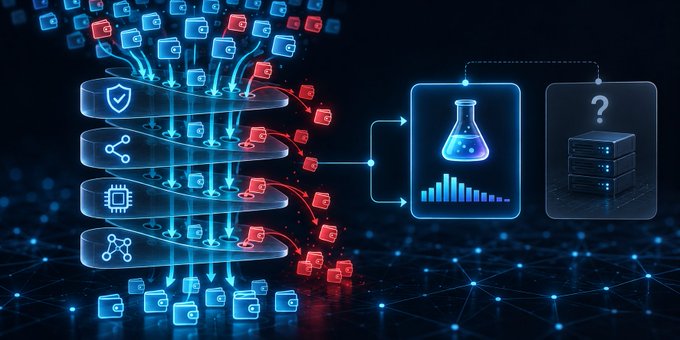 A digital infographic showing multiple layers of data flowing through security, sharing, processing, and network nodes, leading to chemical research and server outputs.