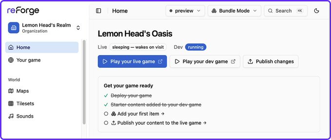 The image shows the reForge platform's dashboard for "Lemon Head's Realm," displaying a "Lemon Head's Oasis" game with options to play the live or dev game, publish changes, and a checklist for getting the game ready (deploy, add content, and publish). It illustrates the post's point by showing the user-friendly, no-code interface that allows players to create and manage their own Pixels game worlds through Realms.