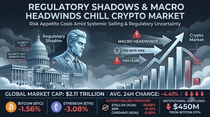 An infographic titled 'REGULATORY SHADOWS & MACRO HEADWINDS CHILL CRYPTO MARKET,' showing falling crypto prices including BITCOIN (BTC) -1.56%, ETHEREUM (ETH) -3.08%, STELLAR (XLM) -10.08%, XRP -8.41%, and CARDANO (ADA) -5.60%, with institutional outflows of $450M from Bitcoin ETFs.