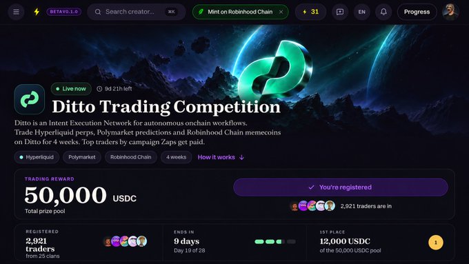 A webpage for the 'Ditto Trading Competition' shows a 50,000 USDC prize pool, 2,921 registered traders, and notes the user is registered.