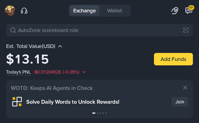 A screenshot of a cryptocurrency exchange app displaying an estimated total value of '$13.15' with today's PNL at '-$0.01204928 (-0.09%)' and a 'Solve Daily Words to Unlock Rewards!' banner.