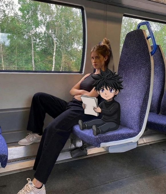 The image shows a woman sitting on a train seat, holding a tablet computer while looking at her phone. The scene takes place inside a moving train car with large windows that provide a view of trees outside. A cartoon character can be seen next to the woman, adding a playful element to the setting.