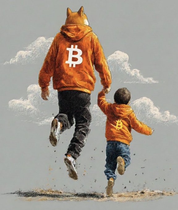 An illustration of an adult and child holding hands, both wearing orange hoodies with the Bitcoin '₿' symbol, depicted as if floating or running through clouds.