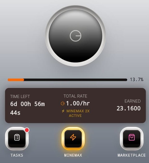 A screenshot of the MineGrey mining app dashboard shows a user actively mining at a rate of 1.00/hr with a "MINEMAX 2X ACTIVE" boost, earning 23.1600 coins with 6 days, 0 hours, and 56 minutes left in the mining cycle, and a progress bar at 13.7%.
