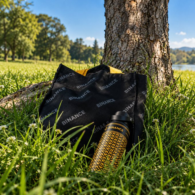 A black "BINANCE" branded picnic blanket and matching yellow patterned water bottle rest in the grass at the base of a tree, with a lake and forest in the background—perfect companions for a peaceful morning walk to clear your mind.