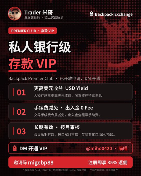 An advertisement for 'Backpack Exchange' private banking VIP savings, listing benefits like higher USD yield and 0 fees, posted by 'Trader 米哥' with the invite code 'migebp88'.
