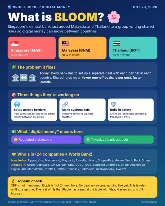 An infographic titled “What is BLOOM?” describing Singapore, Malaysia, and Thailand joining a cross-border digital money initiative, with sections on shared rules, systems, safety, and digital money.