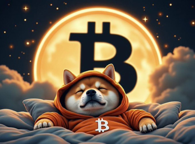Digital artwork of a content Shiba Inu dog wearing an orange hoodie, sleeping peacefully in front of a large Bitcoin (₿) symbol and a glowing moon.