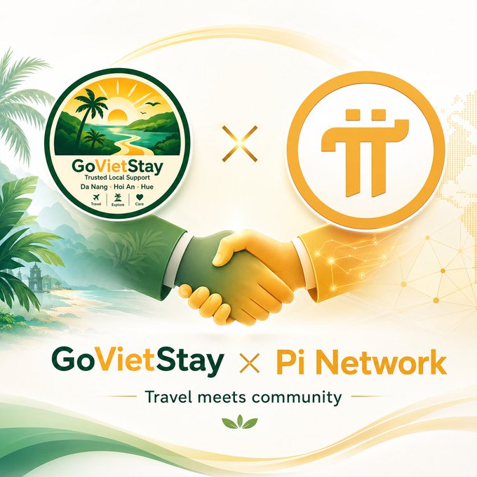 A handshake graphic between the GoVietStay logo (a trusted local support service for Da Nang, Hoi An, and Hue) and the Pi Network (π) logo, captioned "GoVietStay × Pi Network — Travel meets community."

The image visually represents the post's message about Pi transitioning from a digital-only cryptocurrency into real-world utility, with GoVietStay announcing a partnership that allows Pi to be used for actual travel services.
