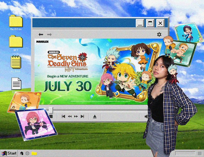 A promotional graphic for 'The Seven Deadly Sins NFT Adventure' set to begin on July 30, featuring a young woman posing next to a retro computer window interface with floating character cards.