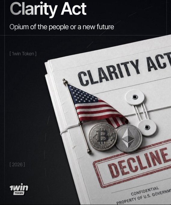 The image is a stylized graphic featuring a document labeled "CLARITY ACT" with a "DECLINE" stamp, accompanied by an American flag, a Bitcoin coin, and an Ethereum coin, set against a dark background with the headline "Clarity Act: Opium of the people or a new future" and the "1win Token" branding. The accompanying post connects to this visual by highlighting the uncertainty surrounding the CLARITY Act and teasing an upcoming major token launch from 1win, suggesting the project is preparing to move forward regardless of regulatory ambiguity.