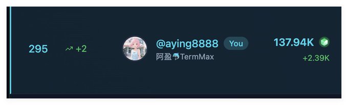 A user profile card showing the handle @aying8888 (阿盈/TermMax) with 137.94K points and a +2.39K gain.