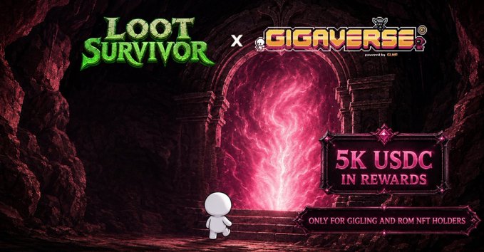 A Loot Survivor x GigaVerse collaboration promotional image showing '5K USDC IN REWARDS' only for Gigling and ROM NFT holders with a pink portal.