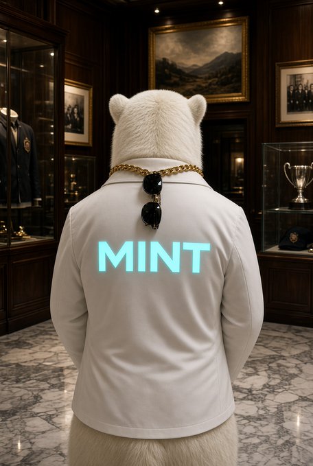 A white bear wearing a white blazer with the word "MINT" glowing in cyan on the back stands in a luxurious trophy room, with sunglasses hanging from a gold chain around its neck. The image visually represents the elite, high-status reward tier of @PlayOnMint's loyalty system, where staking $MNTD token activates "MINT Status" and elevates users to premium membership levels.