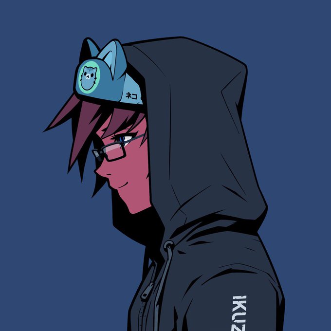 An anime-style illustration of a character wearing a blue hat with a cat face and 'ネコ' (cat in Japanese), glasses, and a dark hoodie with 'IKUZ' partially visible.