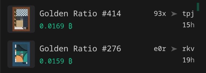 A dark-themed interface displays two listings for 'Golden Ratio #414' (0.0169) and 'Golden Ratio #276' (0.0159) with associated metrics.