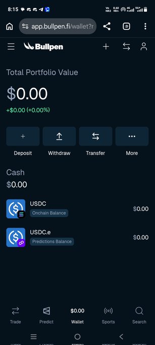 A mobile screenshot of the Bullpen app wallet showing a Total Portfolio Value of $0.00, with USDC and USDC.e balances both at $0.00.