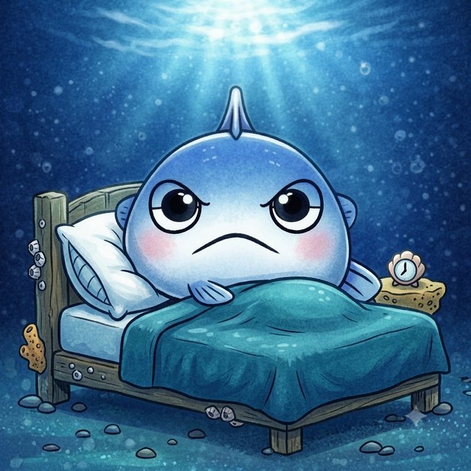 An illustration of an angry cartoon blue shark in bed under a blue blanket with a pillow, alarm clock, and sponge in an underwater setting.