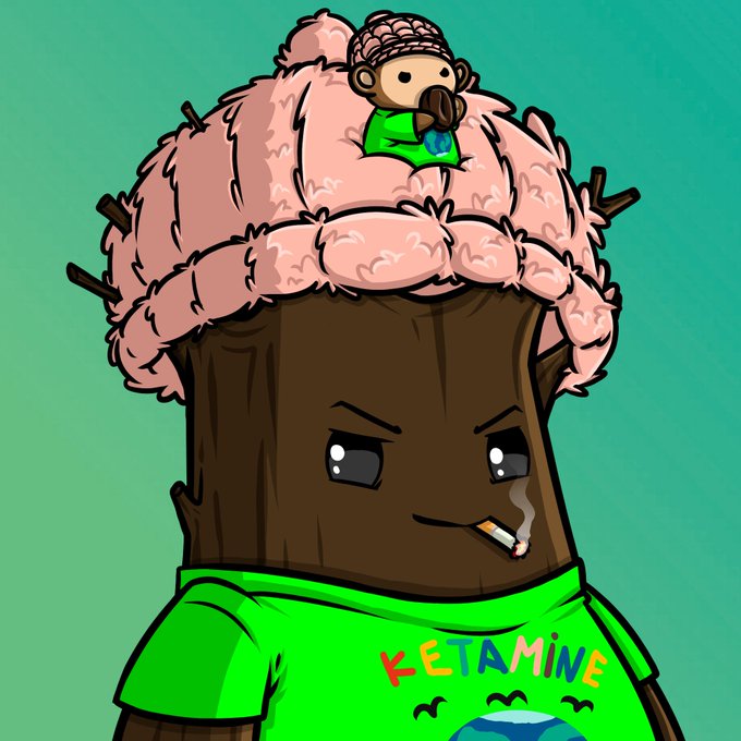 An illustrated cartoon character with a brown tree stump for a head topped with pink fluffy material and a small monkey, wearing a green shirt labeled 'KETAMINE'.
