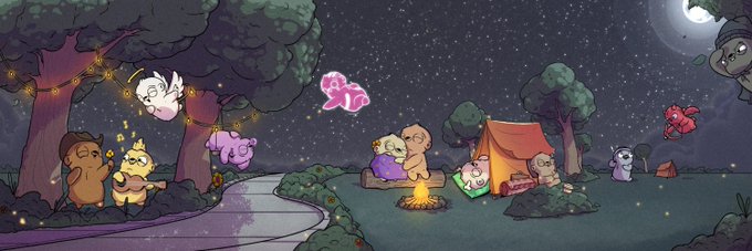 An illustrated night scene shows various characters and creatures around a campfire and orange tent under a starry sky.