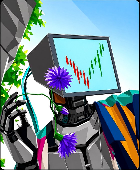 A colorful digital illustration of a robotic figure with a TV-screen head displaying red and green candlestick trading charts, holding a purple flower with vines and leaves in the background.
