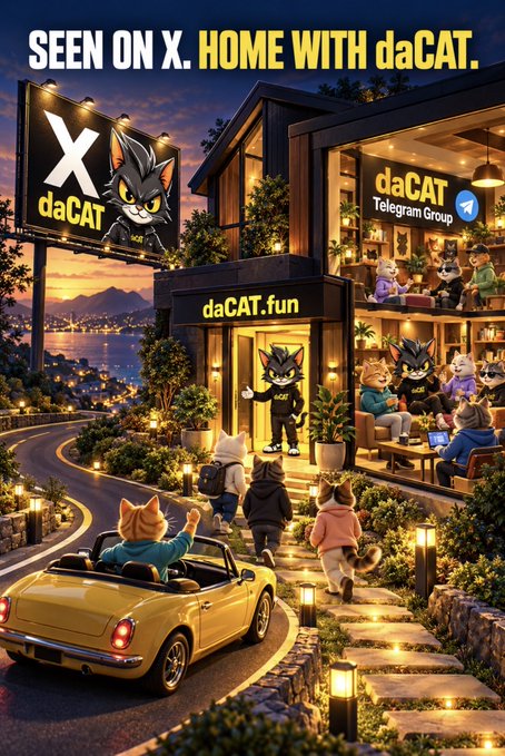 An illustrated advertisement featuring anthropomorphic cats in a yellow convertible and gathered around a modern home, with billboards reading 'SEEN ON X. HOME WITH daCAT.' and 'daCAT Telegram Group' along with the X logo.