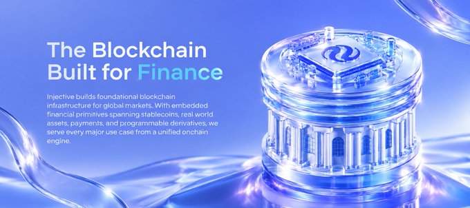 A sleek, blue-toned promotional banner for Injective reading 'The Blockchain Built for Finance' alongside a description of their financial blockchain infrastructure and a glowing 3D architectural graphic.