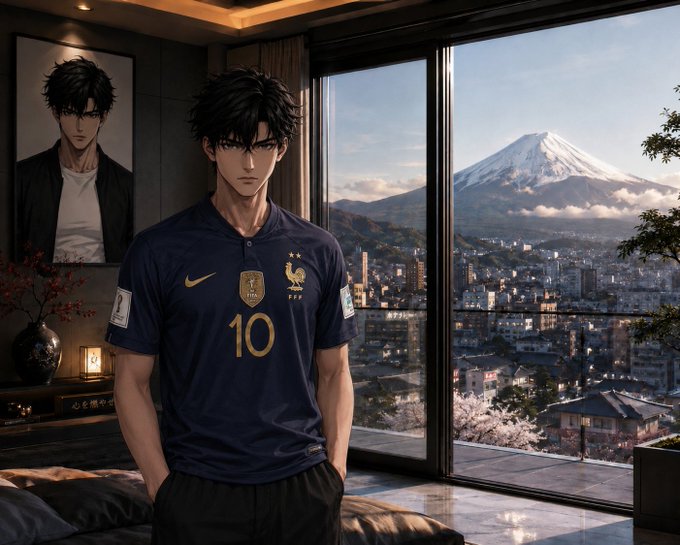Anime-style illustration of a young man with messy dark hair wearing a France national team jersey with the number 10, standing in a modern room with a large window overlooking a city and Mount Fuji.