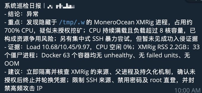 A dark-themed system patrol report in Chinese indicating an 'abnormal' conclusion, reporting a hidden MoneroOcean XMRig mining process in /tmp/.w consuming 700% CPU, with evidence showing high load averages, zero CPU idle, 2.2GB XMRig RSS, and 33 zombie processes, recommending immediate isolation and SSH hardening measures.