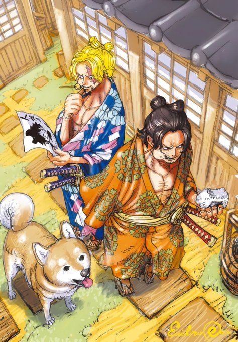 A colored manga-style illustration of two men in traditional Japanese robes (one in a pink and blue floral kimono, the other in an orange kimono) sitting on a porch, accompanied by a Shiba Inu dog.
